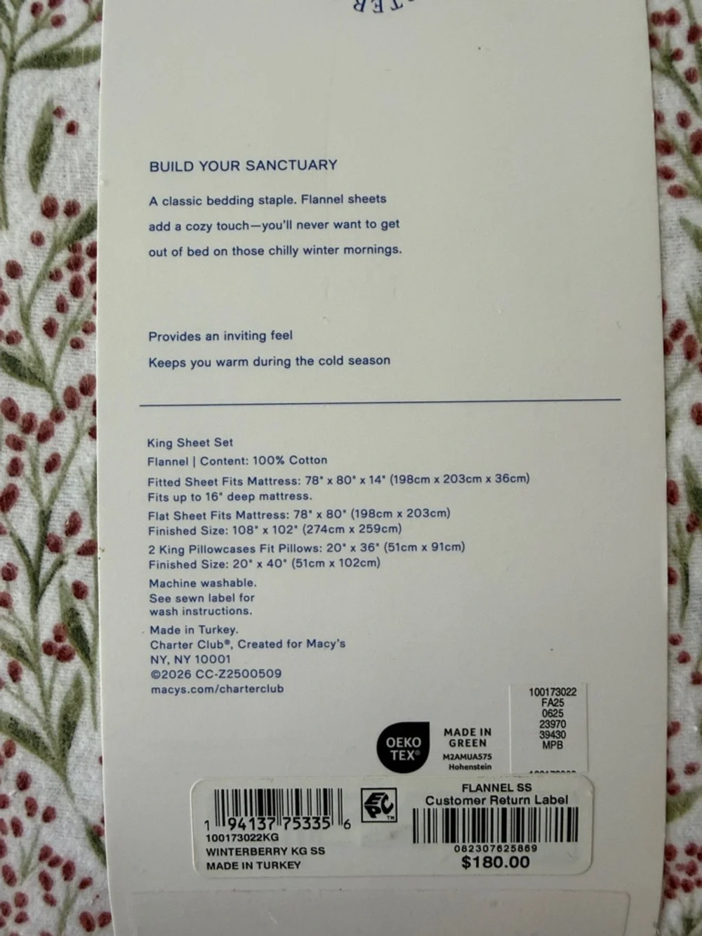 Charter Club White Flannel Sheet Set with Green Leaf & Red Berry Motif